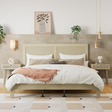 Merax Modern Farmhouse Solid Wood Platform Bed with Rattan Headboard Queen Low Bed Frame with Slat Support/Easy Assemble Nature Merax