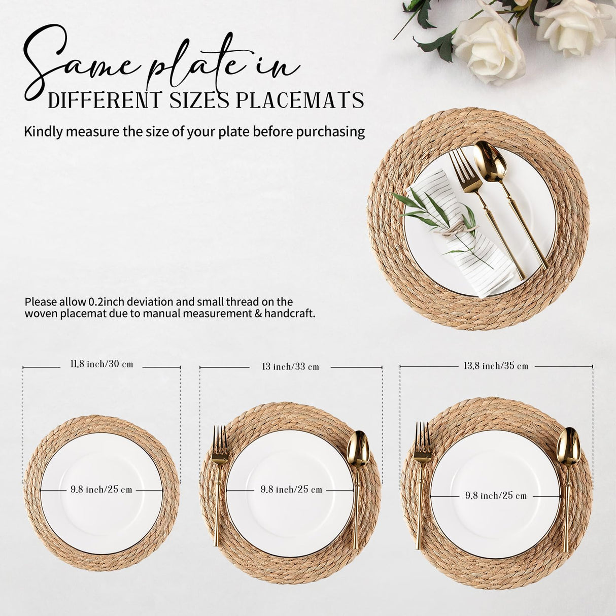 RUNTIVAN Round Woven Placemats Set of 6, Natural Water Hyacinth Place mats, 12 inch Rattan Placemats Wicker Placemats Farmhouse Boho Braided Heat Resistant Outdoor Placemat Patio Table Place Mats RUNTIVAN