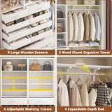 Aheaplus Closet System with 8 Wooden Drawers, Wood Closet Organizer System with Tower, Walk-in Closet Organizer Wardrobe Clothes Rack with 4 Hanging Rods, Garment Rack, Cut to Fit 7-12Ft, White Aheaplus