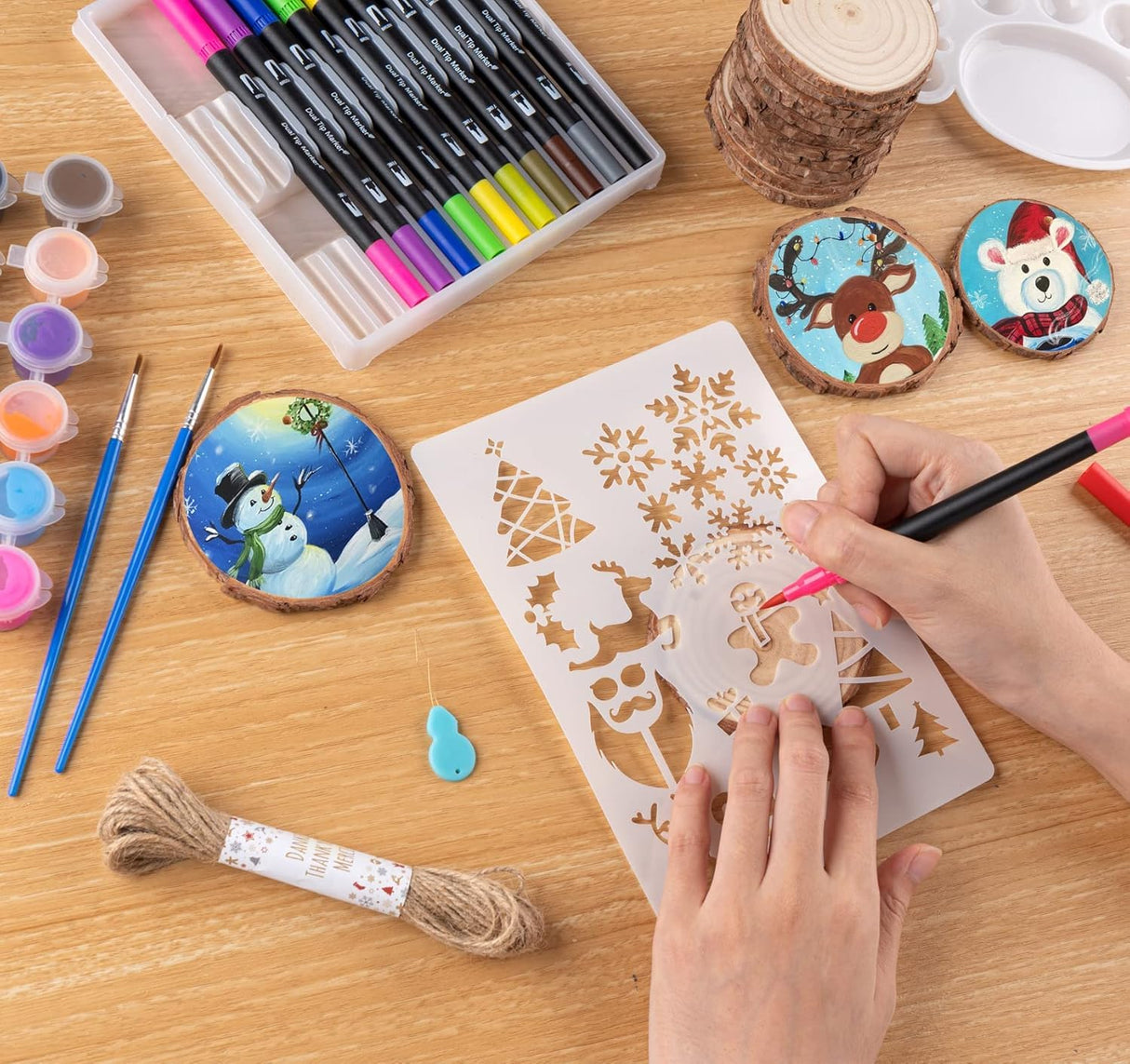 ilauke Wood Slices, 50PCS 2.4"-2.8" Unfinished Natural Wooden Christmas Ornaments Kit with Pre-drilled Hole, Acrylic Paint Pattern Stencils, DIY Crafts for Xmas Ornaments Party Holiday Decor ilauke