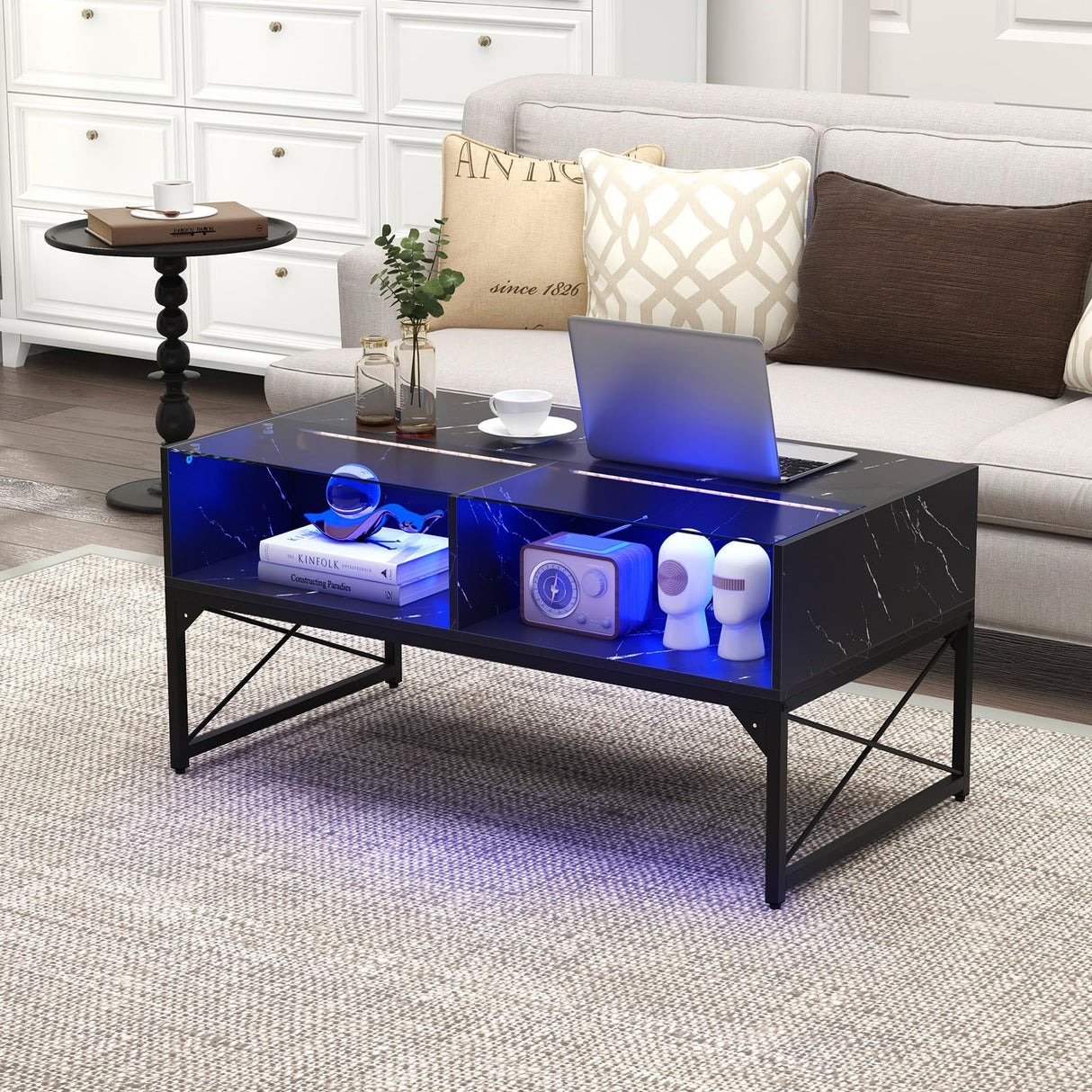 Giantex LED Coffee Table, High Gloss Coffee Tables with 4 Storage Cubes, 20-Color Lights, Remote Control, Faux Marble & Tempered Glass Top, Modern Accent Rectangle Center Table for Living Room (Black) Giantex
