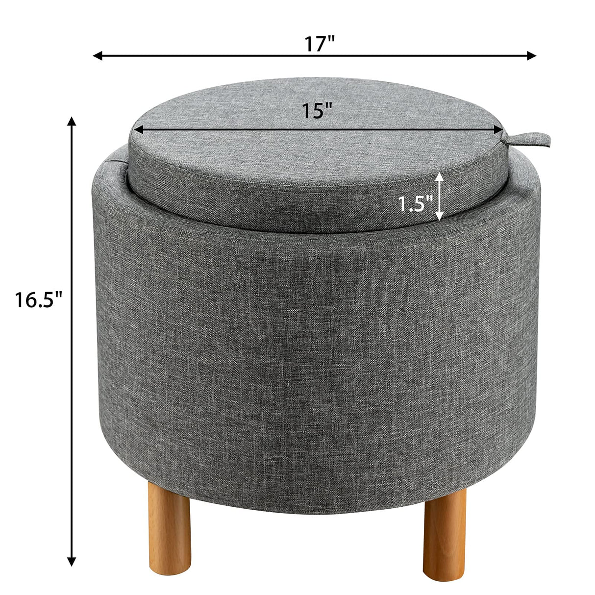 Giantex Round Storage Ottoman with Tray, Accent Storage Footstool w/Soft Padding, Fabric Sitting Stool w/Solid Wood Legs & Non-Slip Pads, Tray Top Coffee Table for Living Room, Bedroom (Grey) Giantex