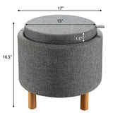 Giantex Round Storage Ottoman with Tray, Accent Storage Footstool w/Soft Padding, Fabric Sitting Stool w/Solid Wood Legs & Non-Slip Pads, Tray Top Coffee Table for Living Room, Bedroom (Grey) Giantex