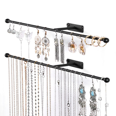 Josmimic Wall Hanging Jewelry Organizer: 12.6'' Necklace Holder for Earring, Bracelet, Rings, Hairband, Glasses, Black 2-Pack, Screws Included