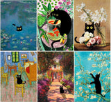 Diamond Painting for Adults and Beginners - 6pcs, 5D Round Diamond Digital Painting Kit, DIY Black Cat Diamond Art Painting, Matisse Van Gogh Living Room Bedroom Decoration (11.8x15.7 inches) GemZono