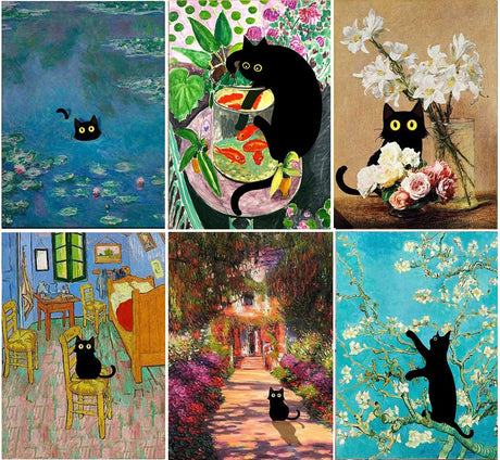 Diamond Painting for Adults and Beginners - 6pcs, 5D Round Diamond Digital Painting Kit, DIY Black Cat Diamond Art Painting, Matisse Van Gogh Living Room Bedroom Decoration (11.8x15.7 inches) GemZono