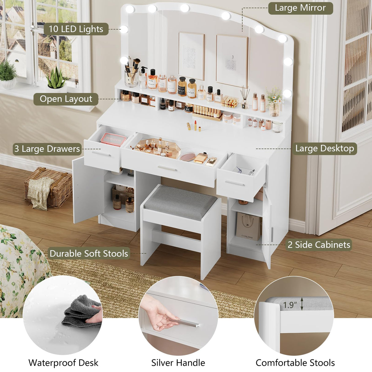 usikey Makeup Vanity with Lights, Vanity Desk, Makeup Vanity Table with 3 Drawers, 2 Cabinets & Long Storage Shelf, 10 Led Lights, Dressing Vanity Table with Stool, for Women, Girls, Bedroom, White usikey