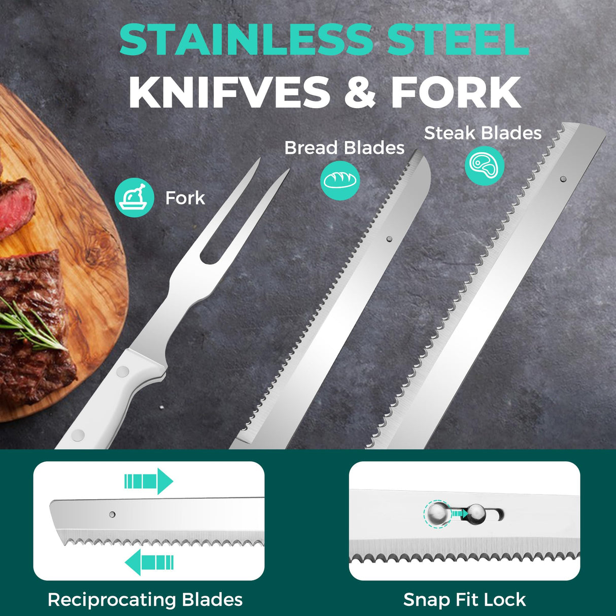 HAUSHOF Cordless Electric Knife Set for Meat Slicing, 8V Electric Carving Knife for Fish, Bread, Turkey, Rechargeable Meat Cutter with Reciprocating Stainless Steel Blades, Safety Lock & Storage Case HAUSHOF