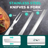 HAUSHOF Cordless Electric Knife Set for Meat Slicing, 8V Electric Carving Knife for Fish, Bread, Turkey, Rechargeable Meat Cutter with Reciprocating Stainless Steel Blades, Safety Lock & Storage Case HAUSHOF