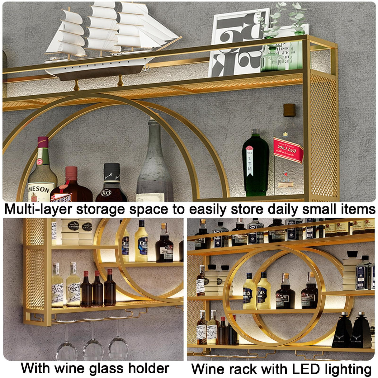 AKOGG Wine Rack Wall Mounted With LED Light ＆ Wine Glass Holder,Iron Bar Liquor Shelf,Floating Wall Wine Shelves,Liquor Bottle Display Shelf,Wine Glass Storage Racks,For Kitchen Wine Cellar,Gold/Black AKOGG