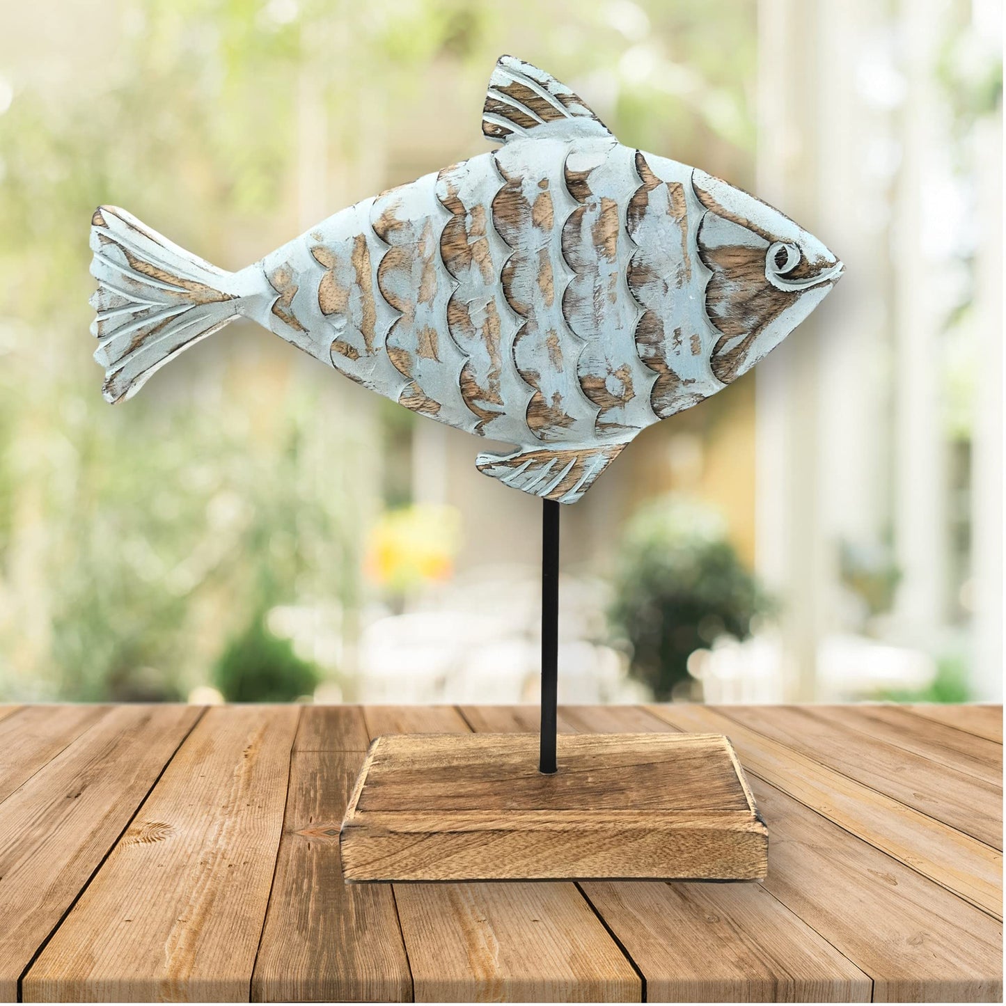 Wooden Fish Sculpture Home Decor | Surgeon Fish Statue on Base Stand | Coastal Beach House Decor Art Piece | Rustic Centerpiece Table Decor for Office, Living Room (Surgeon Fish)