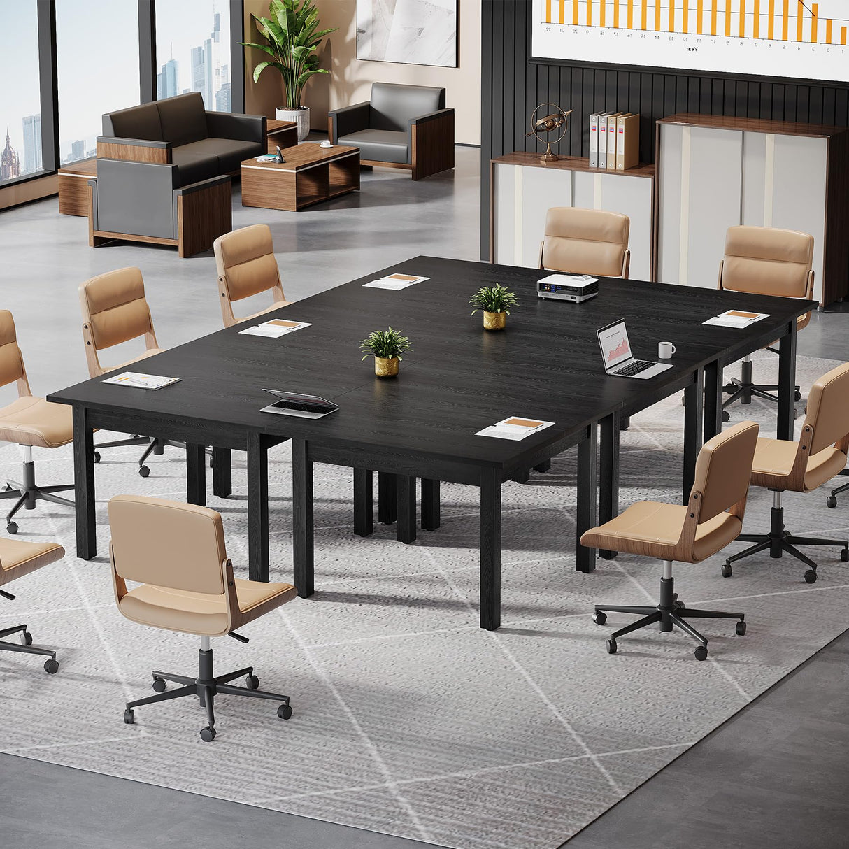 Tribesigns 6.57 ft Conference Table for 6 People, Wooden Small Square Meeting Seminar Table, Modern Boardroom Desk with Solid Wood Legs and Thickened Tabletop for Office Conference Room (2, Black) Tribesigns