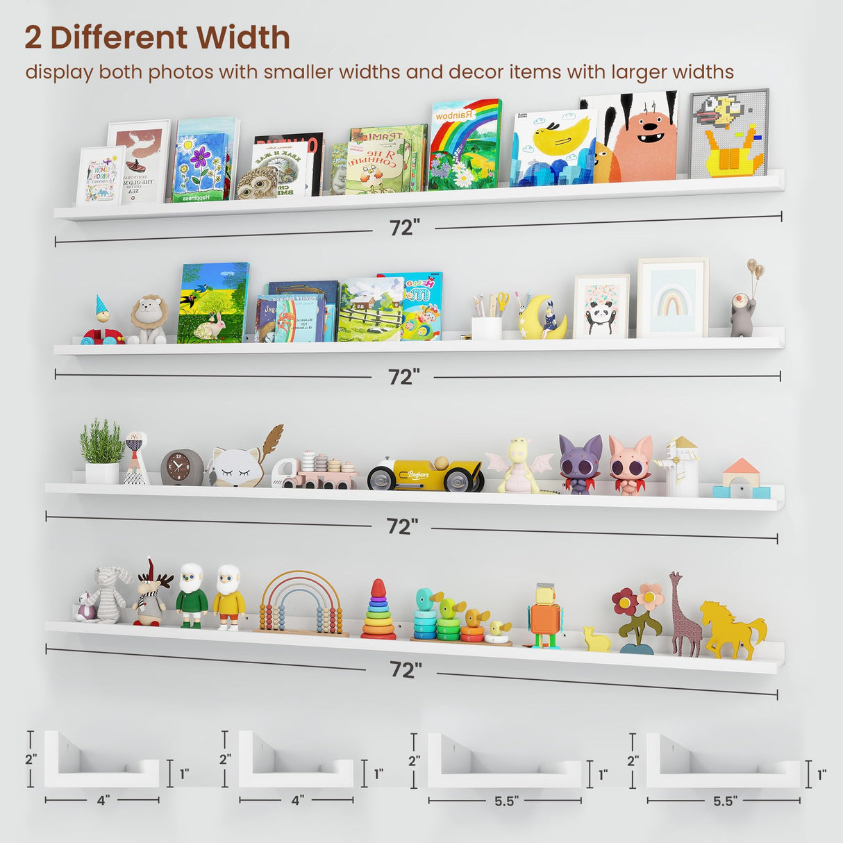 Axeman 72 Inch Floating Shelves for Wall - Picture Ledge Shelf Set of 4 - White Floating Shelves with Lip - Picture Shelf for Wall with Ledge - Photo Ledge Shelves for Pictures Nursery Books Axeman