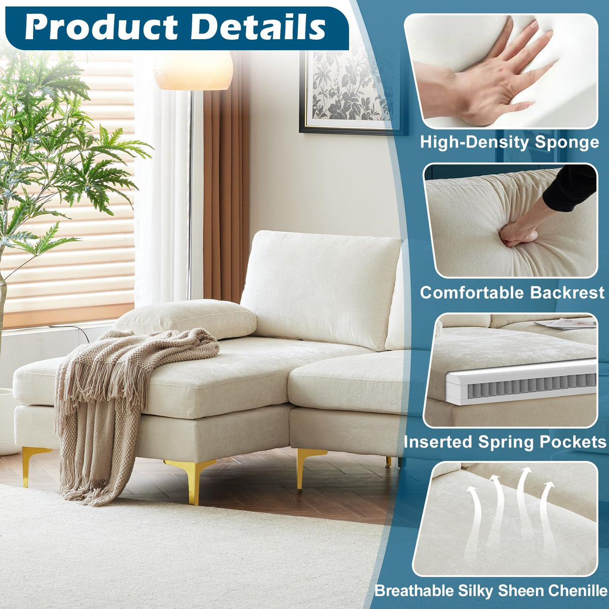 VINGLI 110" Large U-Shape Sectional Sofa Couch with 51" D Double Chaise for Living Room, Modern Sectional Couch Set with Soft 5.9" Thickness Seating Padding, Chenille Fabric,Metal Gold Legs(Beige) VINGLI