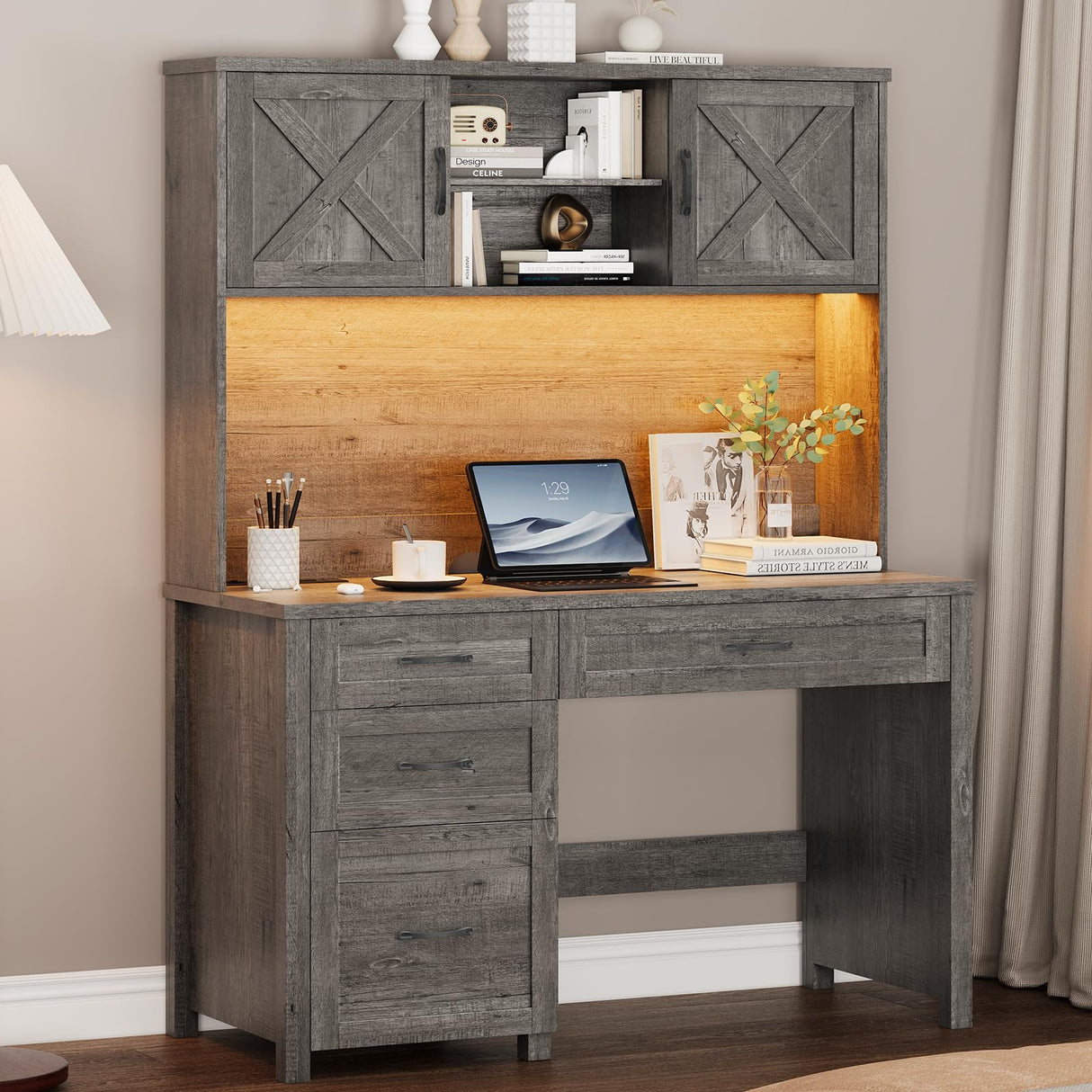 Farmhouse 67" H Executive Desk with Hutch, 4 Drawers and LED Light, Computer Desk with Storage Cabinet & File Drawers and Charging Station, Workstation for Home Office and Study. Befrases