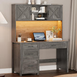 Farmhouse 67" H Executive Desk with Hutch, 4 Drawers and LED Light, Computer Desk with Storage Cabinet & File Drawers and Charging Station, Workstation for Home Office and Study. Befrases