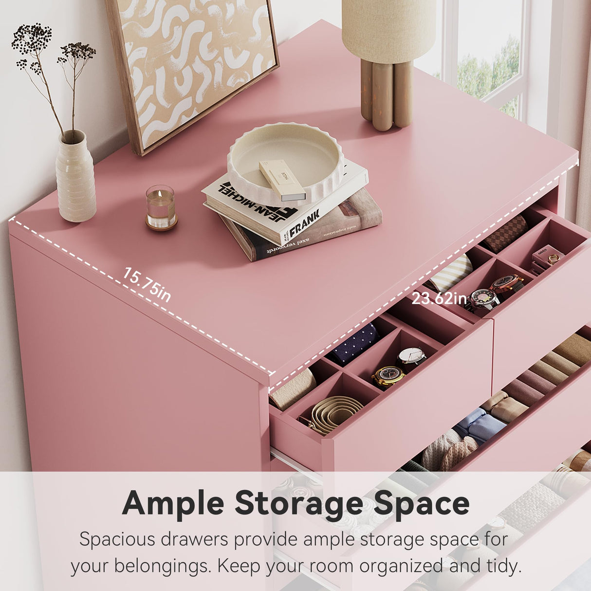 Pink Tall 7 Drawer Dresser for Bedroom, Modern Wood Closet Dressers & Chests of Drawers with Jewelry Storage, 23.6" L*15.8" W*47.5" H in Large Vertical Dresser for Bedroom, Living Room, Nursery Jocoevol