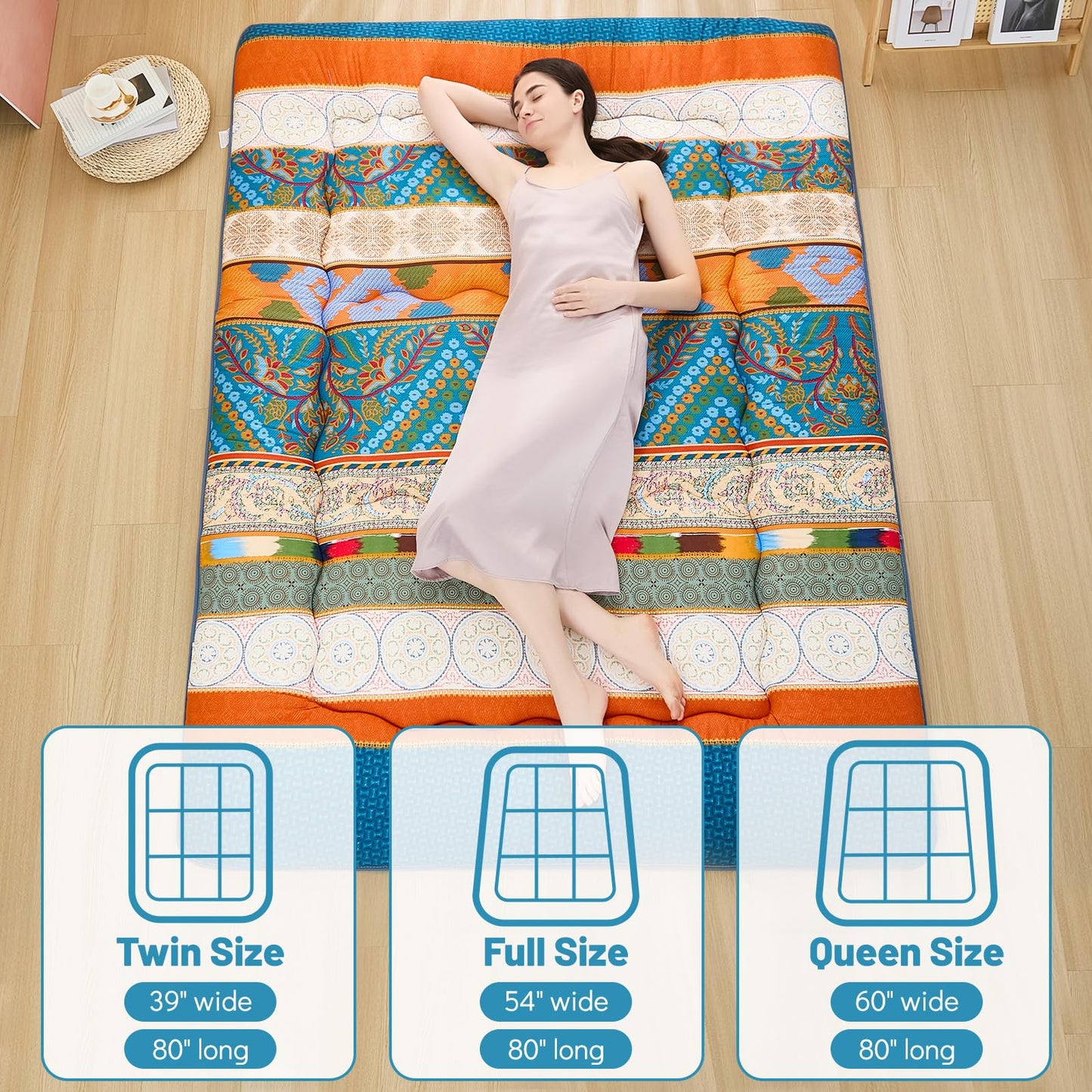 XICIKIN Japanese Floor Mattress, Japanese Futon Mattress Foldable Mattress, Roll Up Mattress Tatami Mat with Washable Cover, Easy to Store and Portable for Camping,(Bohemian,Twin)