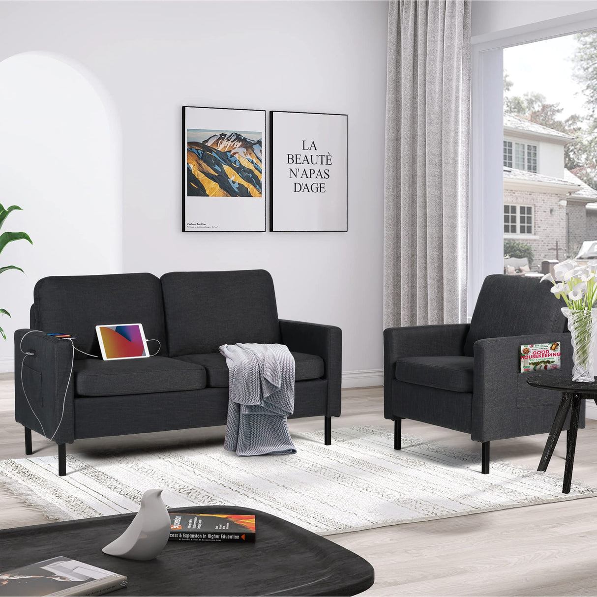 STHOUYN 2 Piece Upholstered Sectional Sofa Set Couches Sofas Living Room Furniture Sets, Loveseat with USB & Accent Chair, Grey Couch Bedroom Livingroom Apartment (2, Dark Grey) STHOUYN