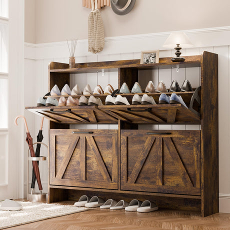 MU Shoe Storage Cabinet with 4 Flip Drawers, Freestanding Shoe Cabinet, Shoe Organizer with Wood Legs for Entryway, Slim Shoe Cabinet, Rustic MU