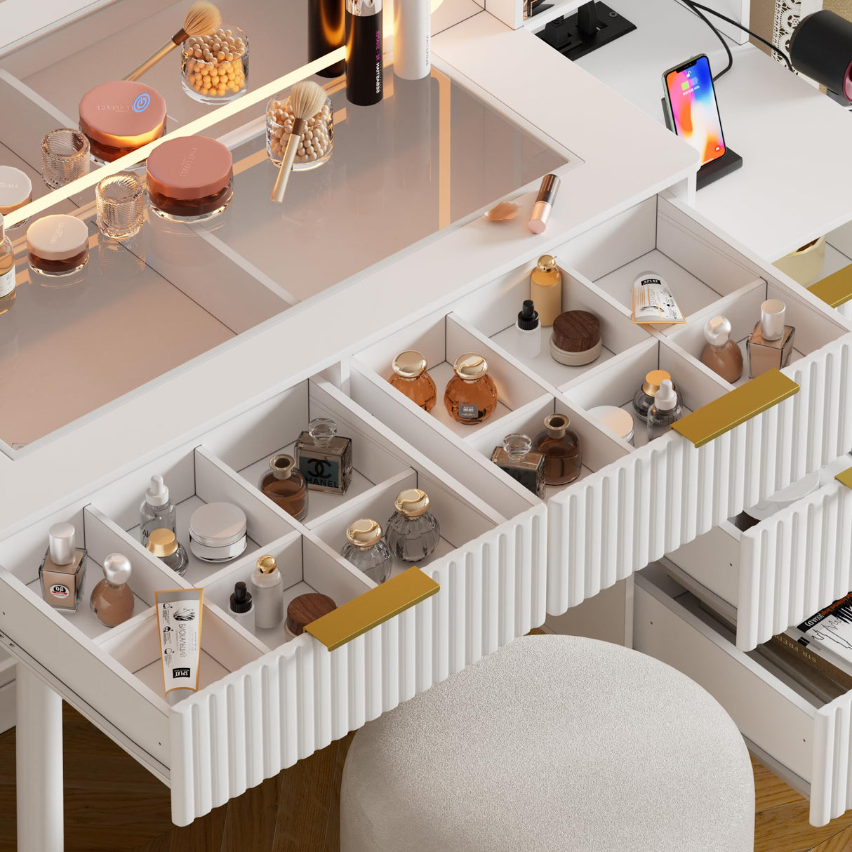 FURNJOYLIFE Makeup Vanity Desk with Mirror and Lights & Charging Station,Modern Glass Top Big Vanity Table with 5 Drawers,Sliding Storage Wall-Mounted Jewelry,3 Shelves for Bedroom,White FURNJOYLIFE