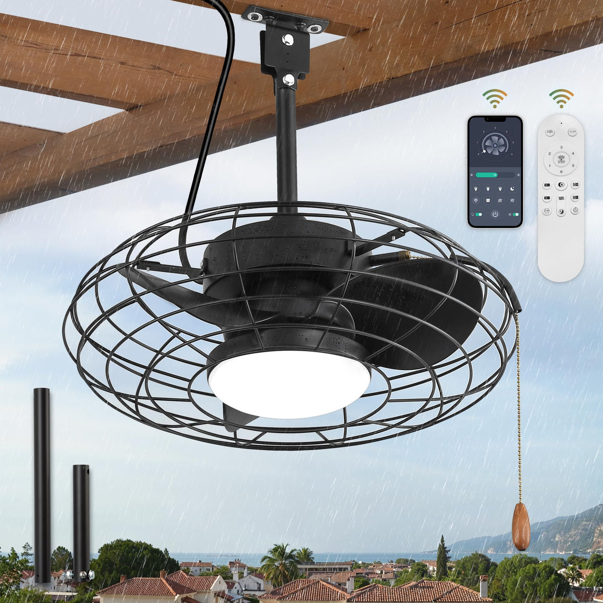 ZMISHIBO Outdoor Ceiling Fans with Light for Patios,Waterproof Gazebo Fan with Remote Control Smart App,3CCT Dimmable,Plug in Caged Ceiling Fan with Pull Chain for Porch Pergola,Black ZMISHIBO
