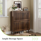 Shoe Cabinet, Shoe Storage Cabinet with Louvered 2 Flip Drawers, Narrow Shoe Cabinet Storage for Entryway, Freestanding Shoe Organizer Cabinet with Golden Handles, Slim Shoe Rack Cabinet (Walnut) Algherohein