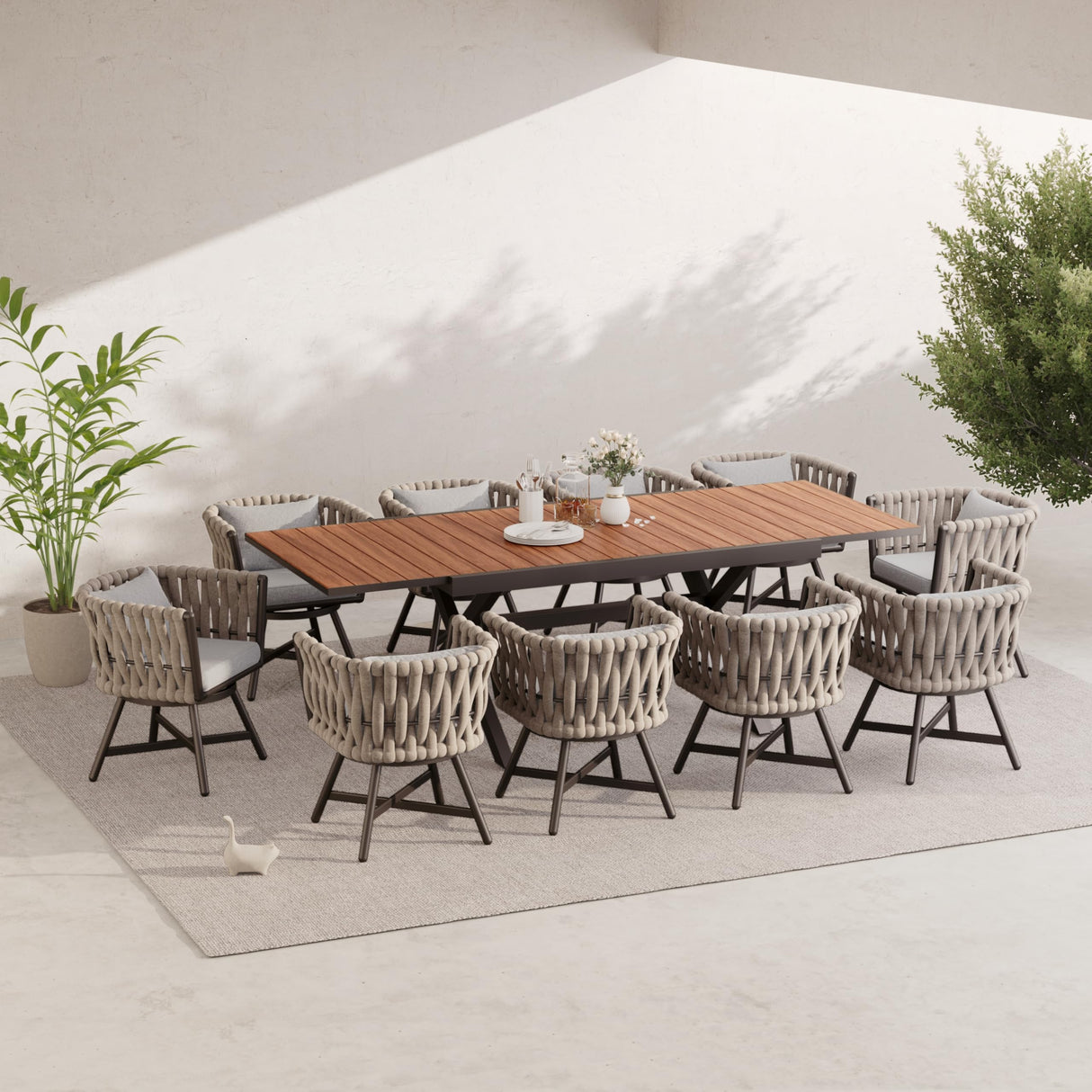 Grand patio 11-Piece Outdoor Dining Set for 10, Patio Dining Furniture Set for 10 Swivel Rope Wicker Chairs & 1 Extendable Rectangular Dining Table, Brown Grand patio