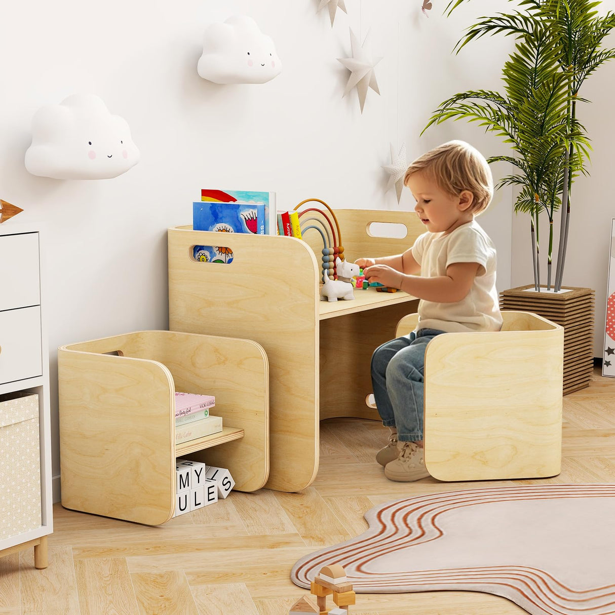 Costzon Kids Table and Chair Set, 4 in 1 Wood Activity Table, Bench, Storage Shelves, Desk for Children Reading, Arts, Crafts, Snack Time, Playroom, Fully Assembled, Toddler Table & Chair Set, Natural Costzon