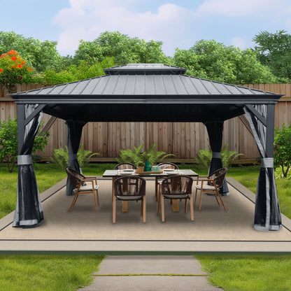 Kozyard Alexander 12' X 14' Hardtop Gazebo, Aluminum Metal Gazebo with Galvanized Steel Double Roof Canopy, Curtain and Netting, Permanent Gazebo Pavilion for Patio, Backyard, Deck, Lawn (Gra - WoodArtSupply