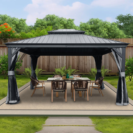 Kozyard Alexander 12' X 14' Hardtop Gazebo, Aluminum Metal Gazebo with Galvanized Steel Double Roof Canopy, Curtain and Netting, Permanent Gazebo Pavilion for Patio, Backyard, Deck, Lawn (Gray) Kozyard