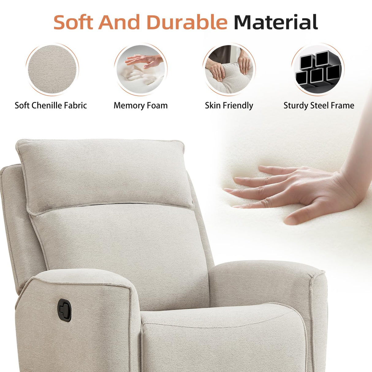 INZOY Nursing Rocking Chair Recliner, Swivel Rocker Recliner, Swivel Glider Rocking Recliners with Soft Backrest, Chenille Fabric Manual Reclining Sofa for Living Room Bedroom Apartment, Beige INZOY