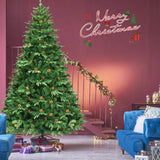 Goplus 8FT Pre-Lit Christmas Tree, Artificial Spruce Hinged Tree w/ 600 LED Lights and Pine Cones, Xmas Tree for Indoor Decor Goplus