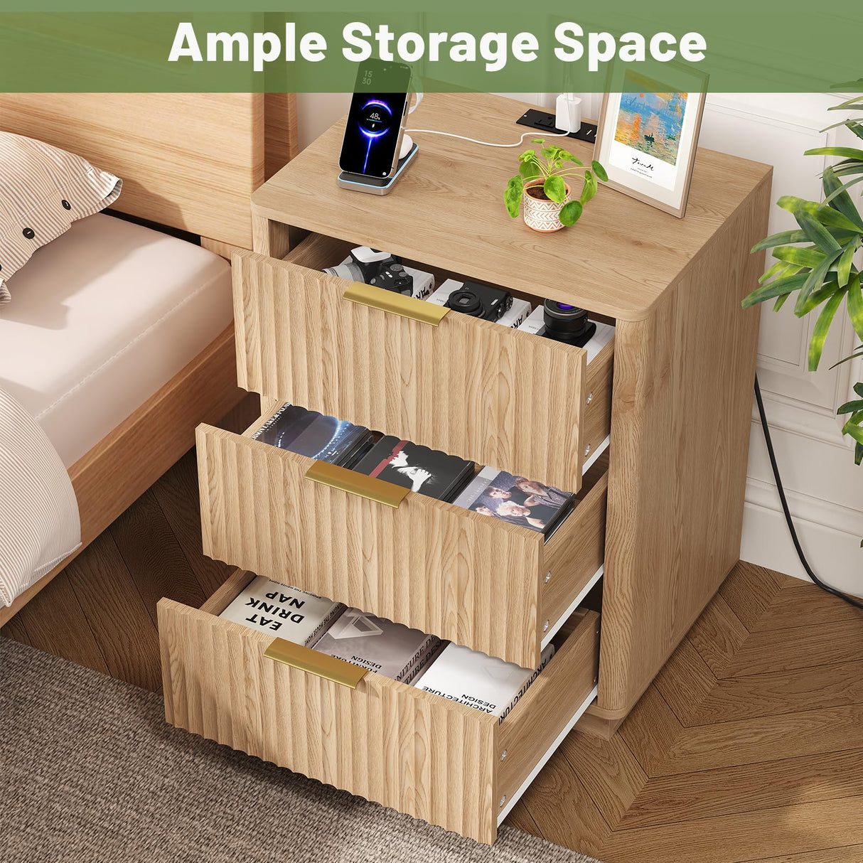 Rovaurx 21.7" Wide Fluted Nightstand with Charging Station, Mid Century Bedside Table with 3 Drawers, Oversized End Table for Bedroom, Curved Profile Design, Natural RCTG115ME Rovaurx