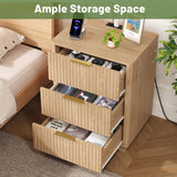 Rovaurx 21.7" Wide Fluted Nightstand with Charging Station, Mid Century Bedside Table with 3 Drawers, Oversized End Table for Bedroom, Curved Profile Design, Natural RCTG115ME Rovaurx