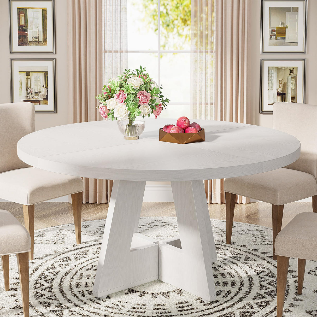 Tribesigns Round Dining Table Wood Kitchen Table for Dining Room, 47 in Dinning Room Tables for 4-6, Circle Dinner Table with Wooden Tabletop and Cross Base for Kitchen, White Tribesigns