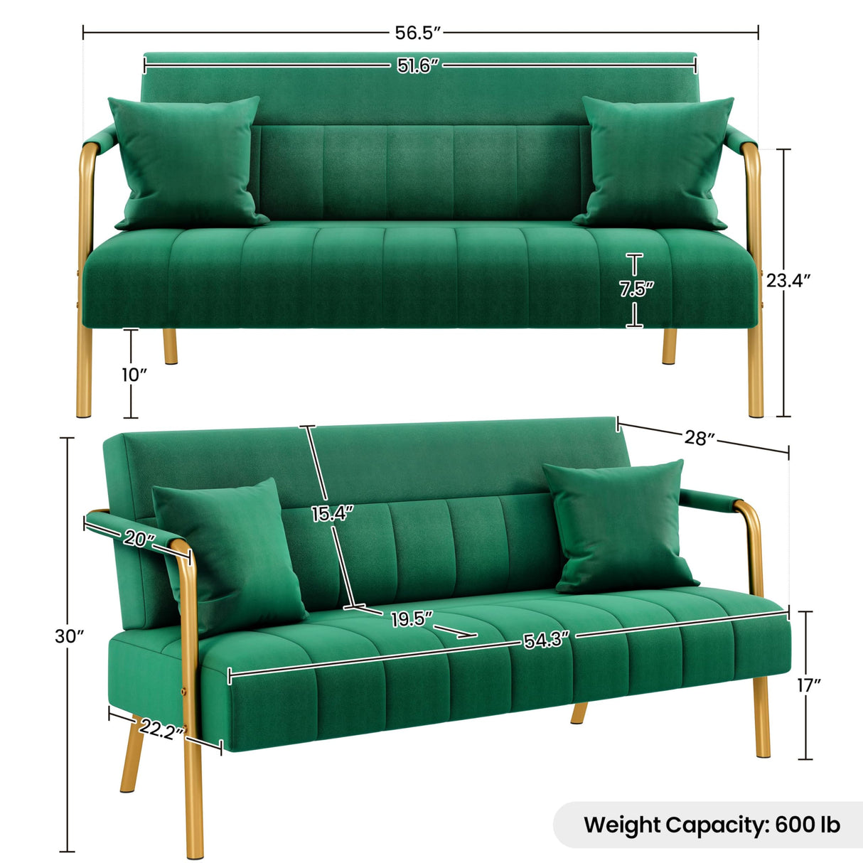 Yaheetech 56.5" W Modern Loveseat 2 Seater Sofa Luxurious Velvet Fabric Couch with Gold-Tone Metal Arms and Legs for Living Room, Home Office, Studio Green Yaheetech