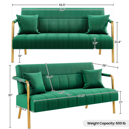 Yaheetech 56.5" W Modern Loveseat 2 Seater Sofa Luxurious Velvet Fabric Couch with Gold-Tone Metal Arms and Legs for Living Room, Home Office, Studio Green