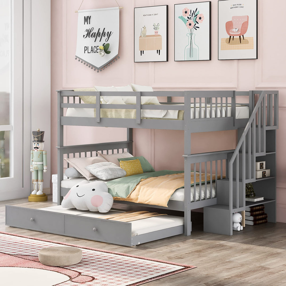 Harper & Bright Designs Full Over Full Bunk Bed with Stairs and Trundle, Wooden Bunk Bed Frame with Storage, for Kids Teens Adults - Gray Harper & Bright Designs