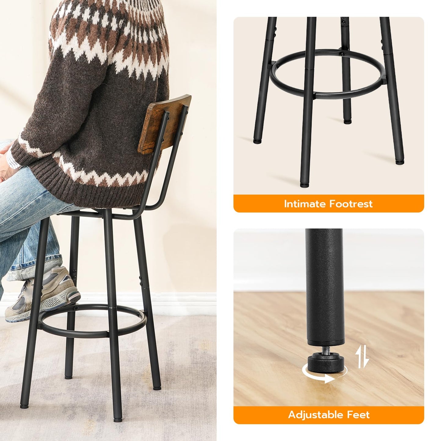 HOOBRO Bar Stools,Set of 2 Bar Stools with Footrest and Back,25.2" Bar Chairs for Kitchen Island, Dining Room,Counter Height Bar Stools, Easy to