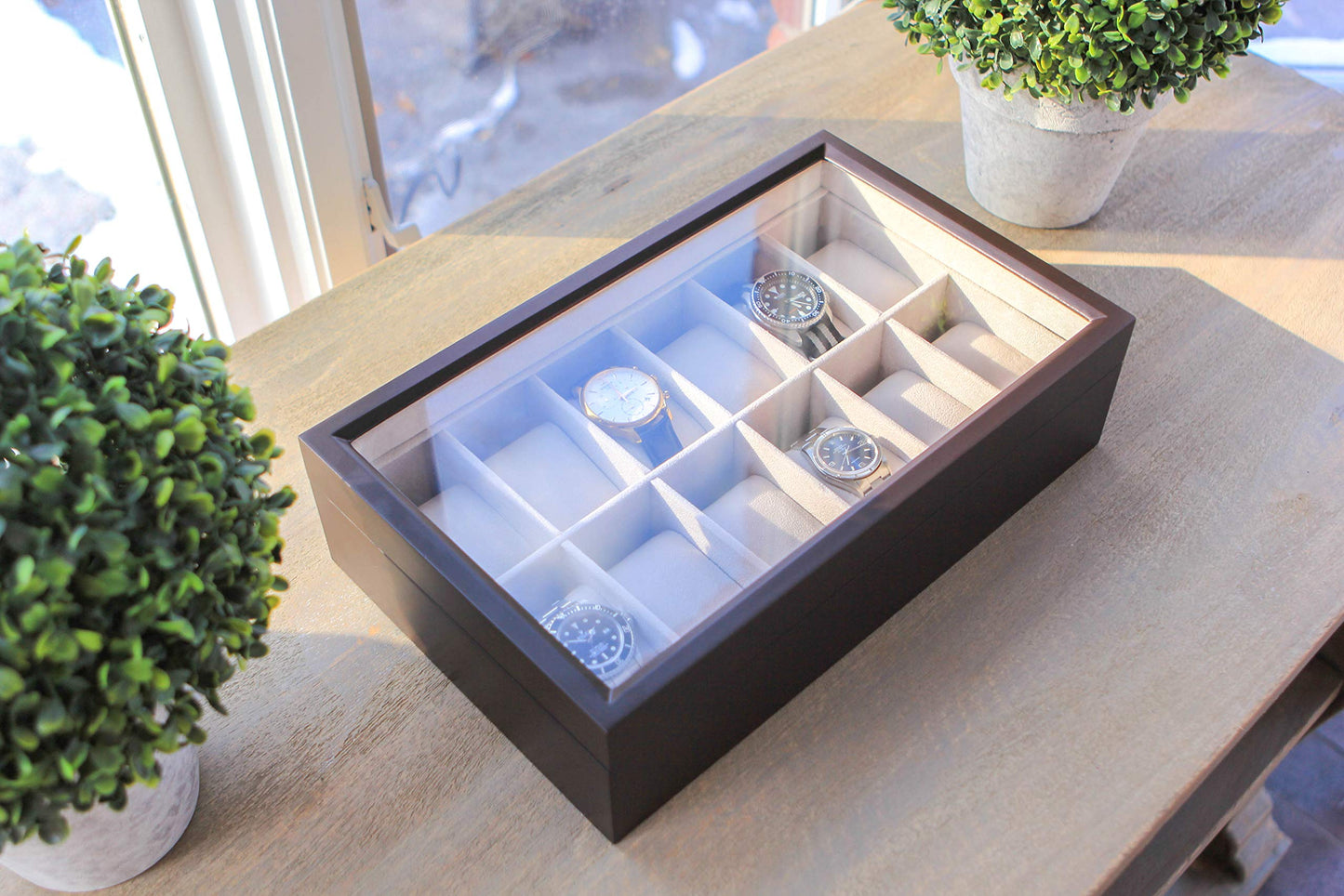 CASE ELEGANCE Solid Espresso Wood Watch Box Organizer with Glass Display Top 12 slot (Espresso) - WoodArtSupply