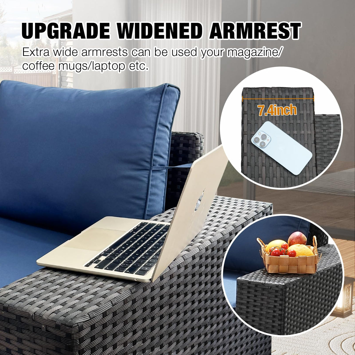 JOYURE 7 Pieces Patio Furniture Set All-Weather Outdoor Wicker Sectional Conversation Sofa Rattan Patio Seating Sofa with Cushion and Glass Table and Ottoman for Porch Poolside,Navy JOYURE