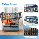 Bknius Fishing Rod Holder for Garage for 15 Rods, Fishing Pole Holders for Fishing Gear Storage Organizer, Fish Rod Rack Basement, Metal Black with Big Wheels, 4-Tier Bknius