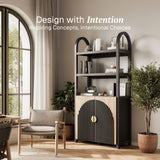 BELLEZE Book Shelf 72" Tall Arched Bookcase with Storage, 5 Tier Mid Century Modern Fluted Bookshelf with Doors, Modular Bookshelves for Living Room Office Library (Camel) BELLEZE