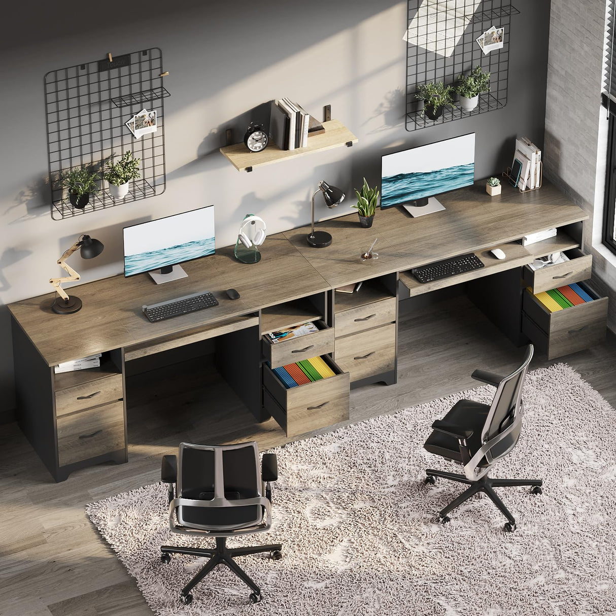 Bestier 59” Computer Desk with 4 Drawers, Office Desk with Storage, Industrial Executive Desk with File Drawer, Keyboard Tray & 2 Pedestals on Both Sides for Home Office & Studio, Grey Bestier