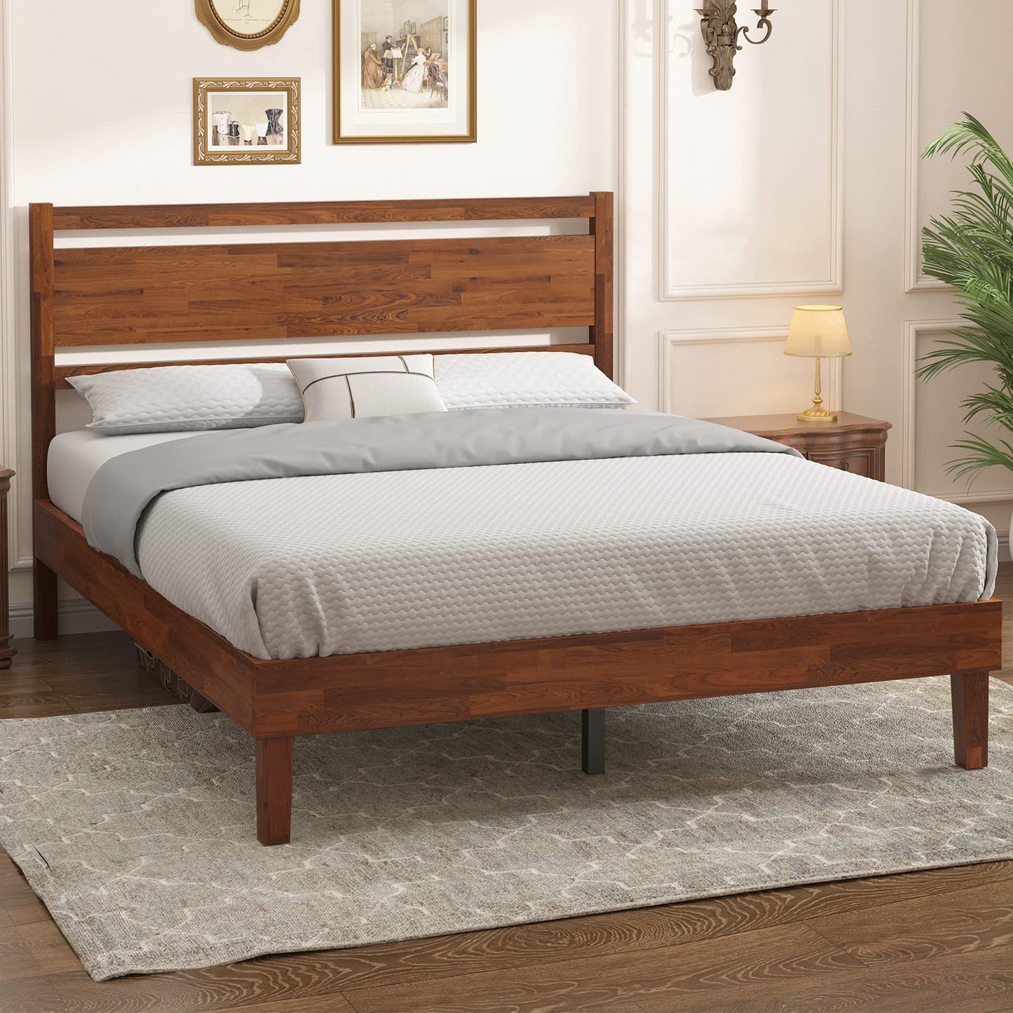 Crisinant Retro Brown King Wood Bed Frame with Headboard and Strong Slat Support - WoodArtSupply