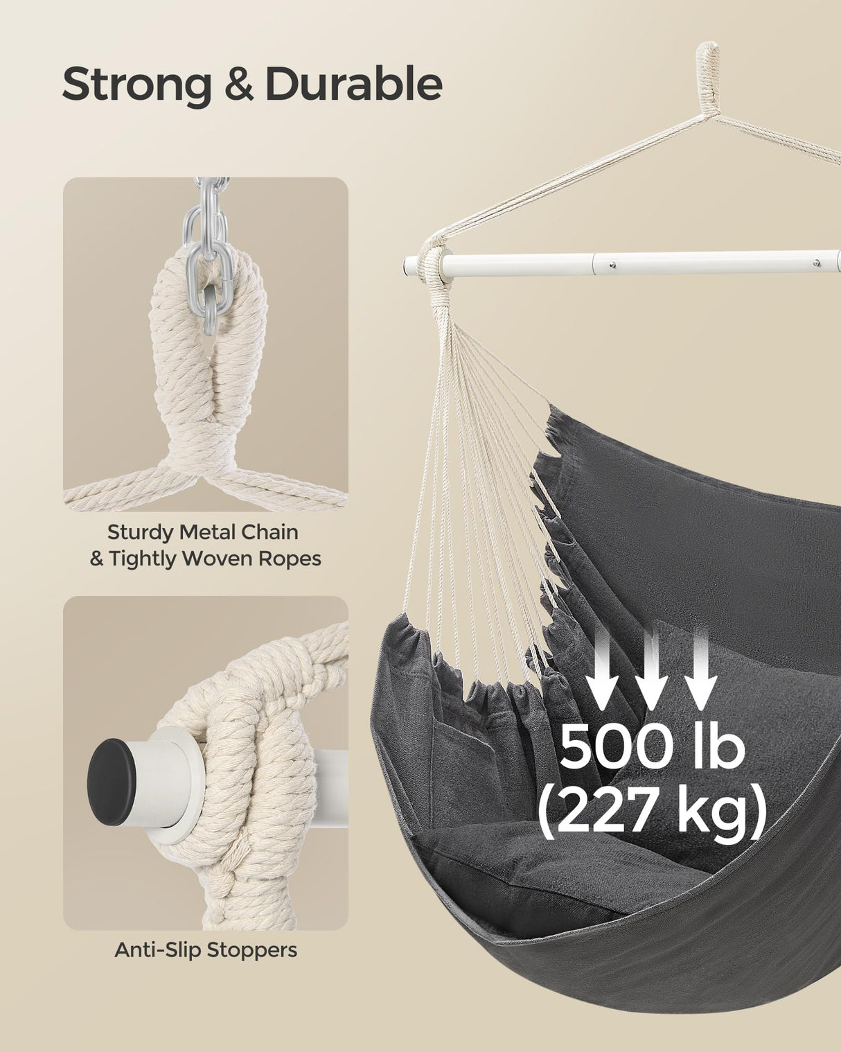 SONGMICS Hammock Chair, Load Capacity 500 lb, Hanging Chair with 2 Cushions, Large Hammock Swing with Chain and Pocket, for Indoor, Outdoor, Living Room, Bedroom, Slate Gray UGDC197G02 SONGMICS