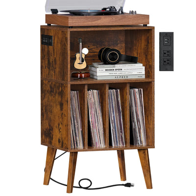 Lerliuo Record Player Stand with Charging Station, Brown Turntable Stand Holds up to 160 Albums, Mid-Century Vinyl Storage Cabinet Table with Wood Legs, Record Holder Dispaly Shelf for Living Room