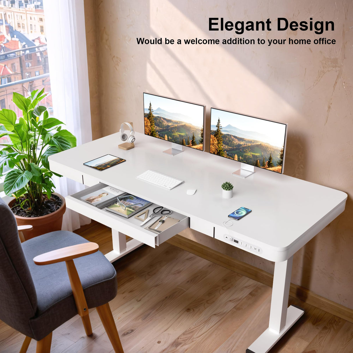 Furmax Electric Standing Desk with Drawer 55 x 24 Inch Adjustable Height Stand up Desk Home Office Computer Desk with USB Ports, White Furmax