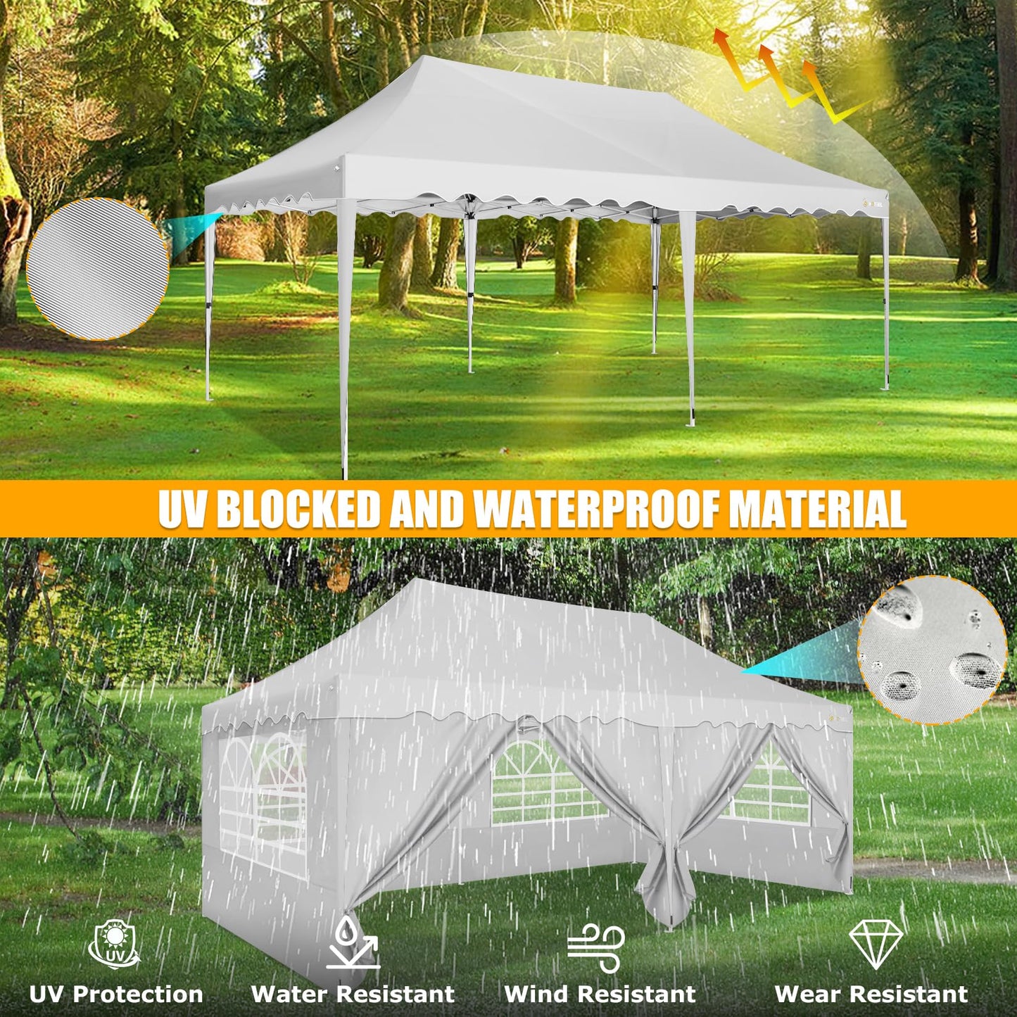 HOTEEL 10x20 Pop Up Canopy Tent for Parties, Waterproof Easy Setup Canopy Tent 10x20 with 6 Sidewalls, 4 Sandbags, Wheeled Bag, Outdoor Sunproof 10x20 Canopy for Backyard, Wedding, Event, Patio, White